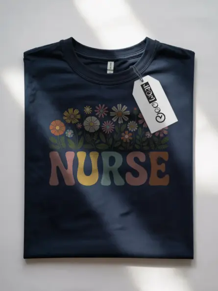 navy Front Retro Nurse Shirt with Pastel Flowers
