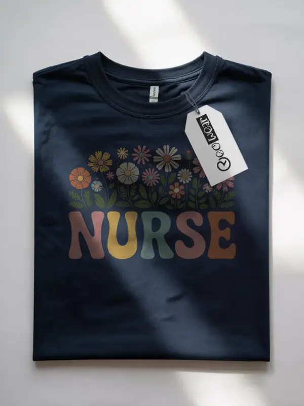 navy Front Retro Nurse Shirt with Pastel Flowers