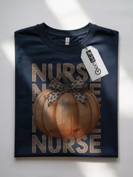Pumpkin Nurse Shirt – Trendy Fall Tee with Leopard Bow Design - Image 7