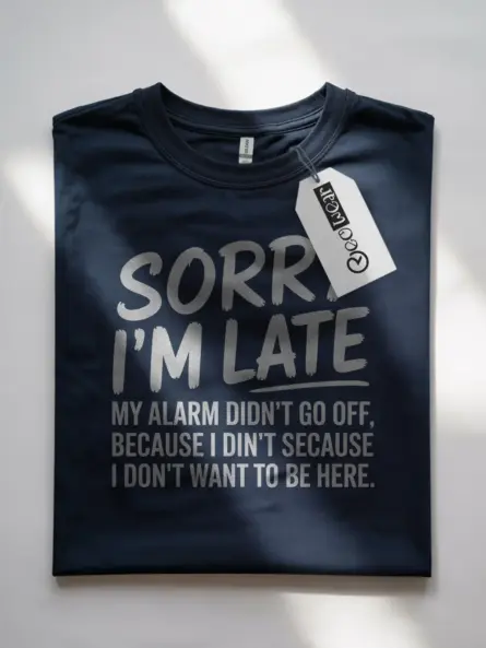 Navy flatlay front view – Sorry I’m Late quote – sarcastic sleeping t-shirt for guys