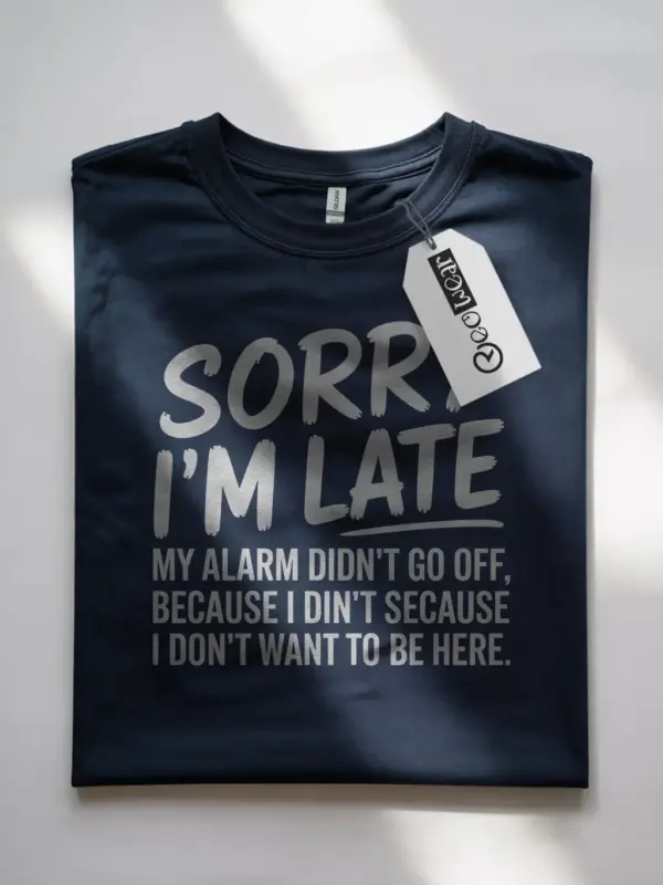 Navy flatlay front view – Sorry I’m Late quote – sarcastic sleeping t-shirt for guys