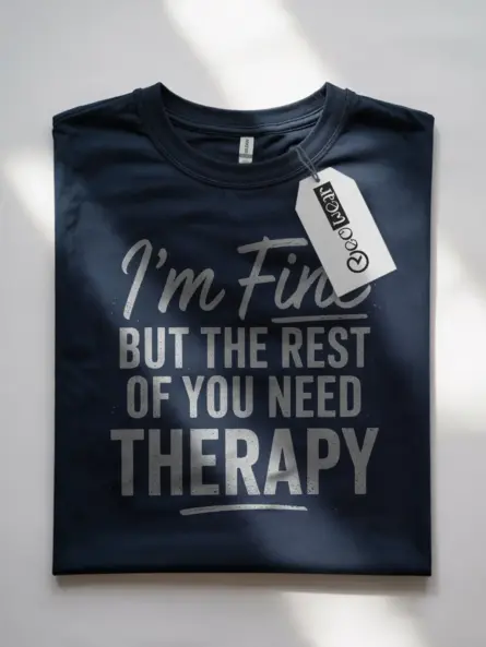 Front View Navy Shirt "I'm Fine But the Rest of You Need Therapy" – sarcastic therapy t-shirt