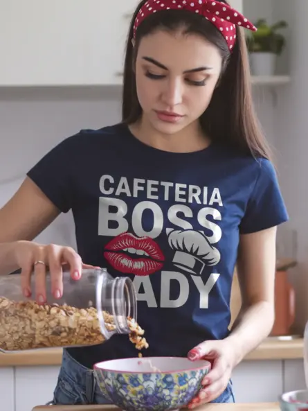 Cafeteria Boss Lady T-Shirt – Bold Lips & Chef Hat Design - Image 9
