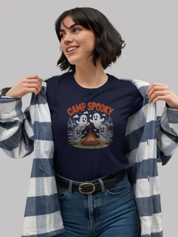 Navy cute ghost campfire t-shirt Halloween camping scene