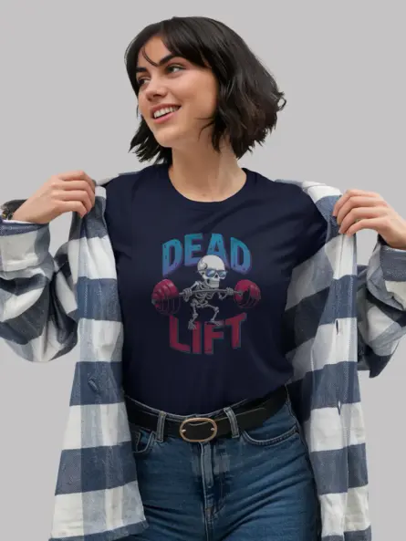 Navy skeleton chef pizza t-shirt with barbell lift design