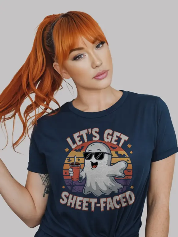 navy let’s get sheet faced halloween t-shirt adult humor apparel
