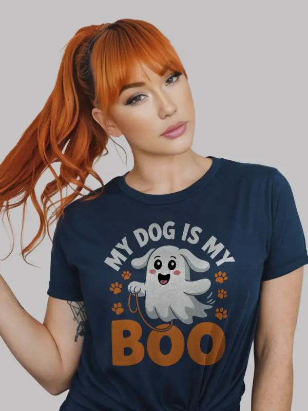 navy my dog is my boo halloween t-shirt leash ghost design