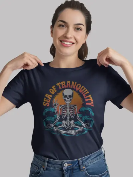 Navy sea of tranquility t-shirt – sun and wave psychedelic skeleton art