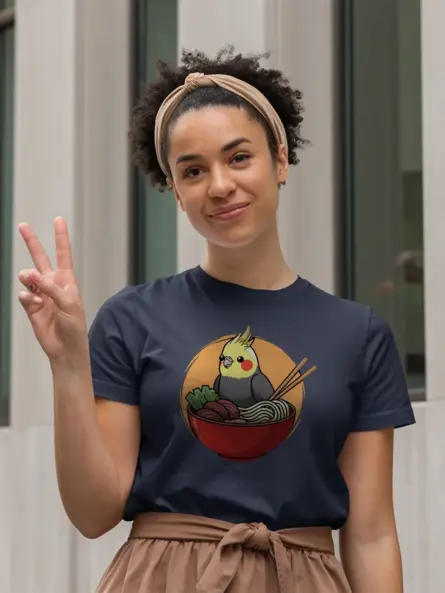 Whimsical Cute Cockatiel T Shirt – Ramen Bowl Kawaii Bird Tee - Image 9