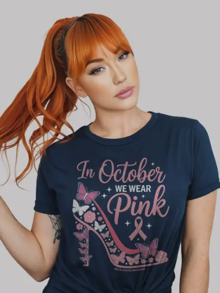 Navy Shirt Front – Rhinestone Pink Ribbon Graphic – in october we wear pink shirt