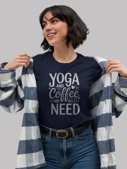 Navy Shirt Front View Yoga and Coffee Are All I Need T-Shirt Inspirational Graphic