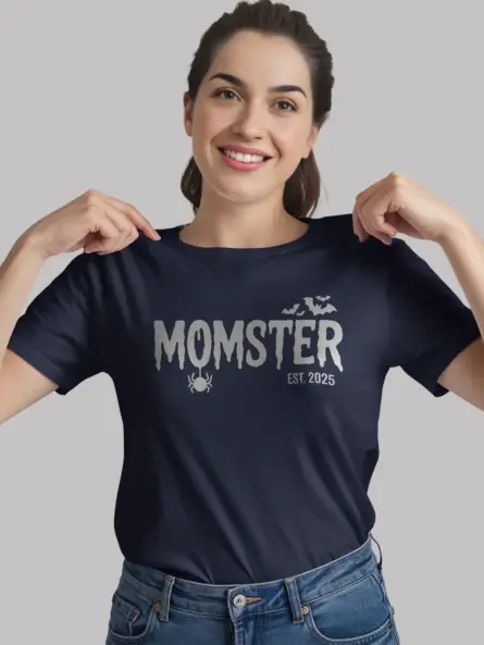 Navy front view momster-est 2025 t-shirt spooky mom apparel