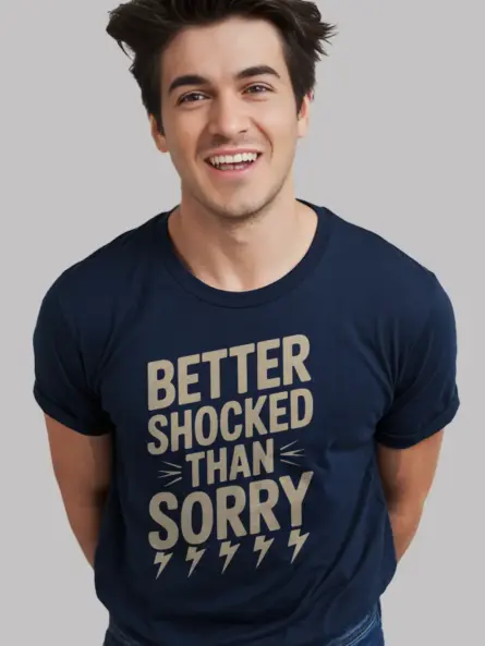 Navy Better Shocked Than Sorry Shirt Front – vintage electrician t-shirt, hand-drawn typography