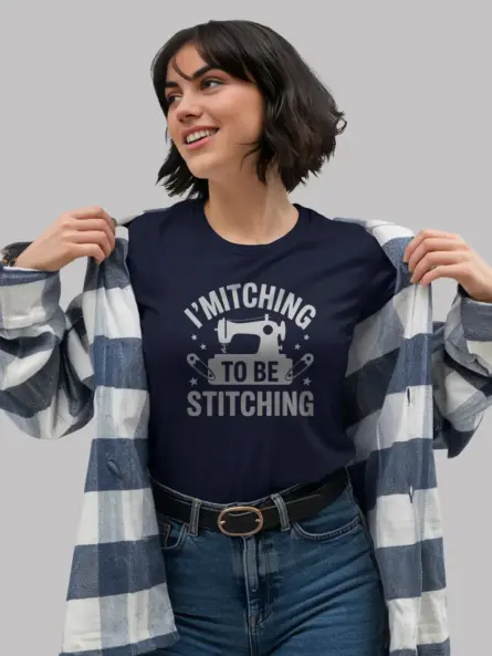 Navy Tee shown from behind – funny sewing machine t-shirt