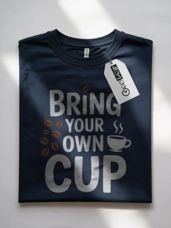 Front navy tee with cup design, bring your own cup t-shirt for daily coffee drinkers
