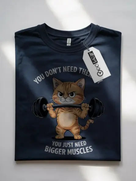Lifestyle image showing navy shirt being worn, funny cat gym t-shirt design
