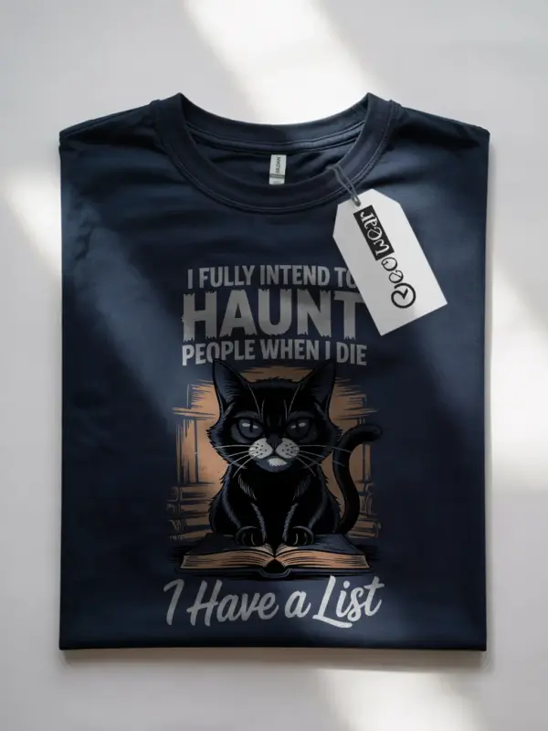 Navy Shirt styled in gothic theme, funny haunted cat t-shirt, lifestyle view