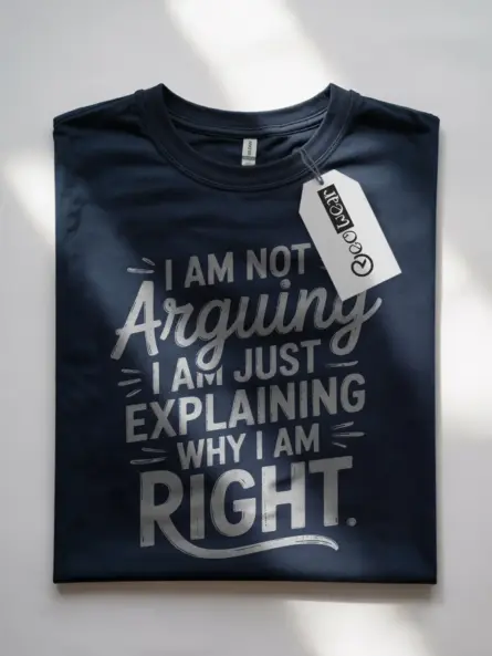 Navy I Am Not Arguing shirt front view hand-lettered quote