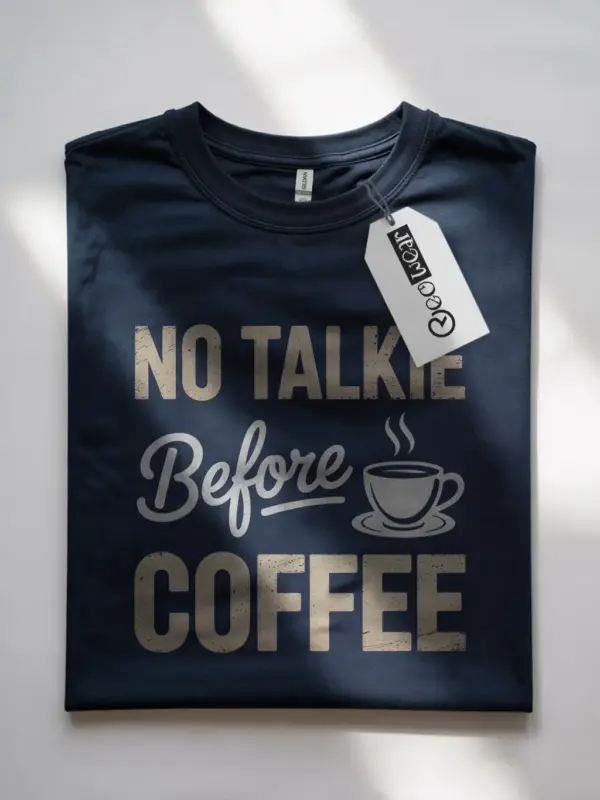 Navy front view no talkie before coffee shirt funny coffee quote design