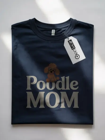 Navy front view poodle mom shirt cartoon breed graphic