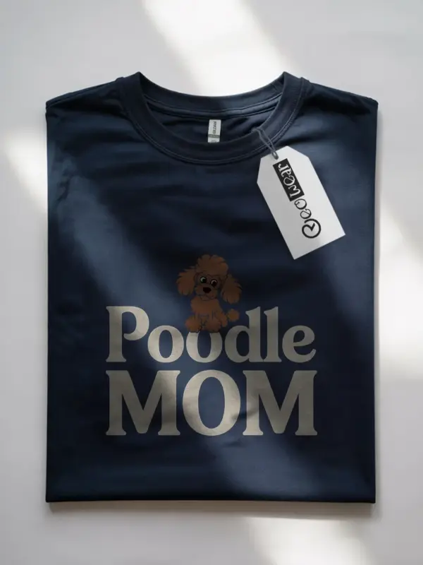 Navy front view poodle mom shirt cartoon breed graphic