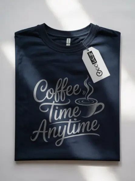 Navy front view coffee time anytime shirt with elegant design