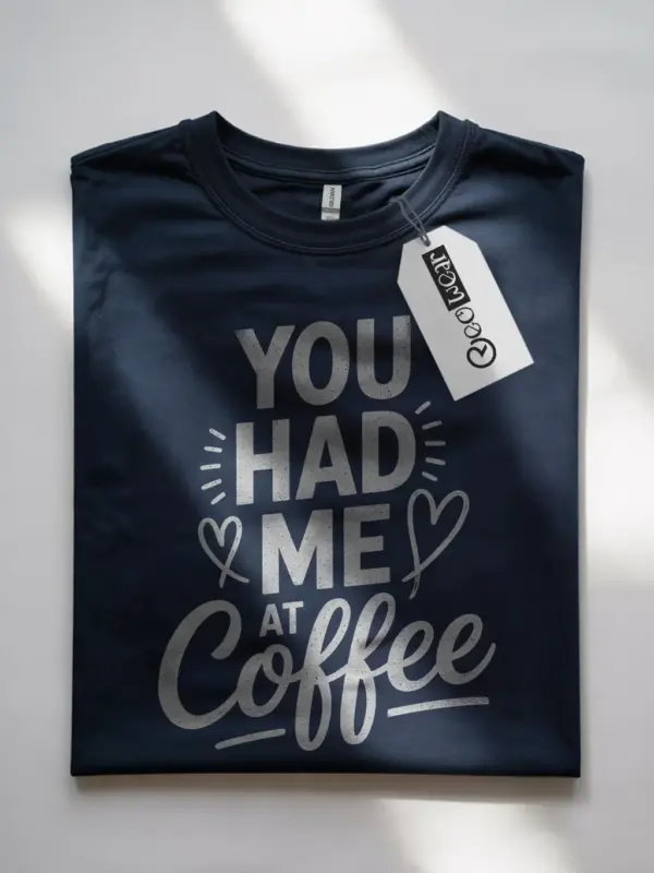Navy shirt front view – coffee lover t-shirt with quote – “You Had Me at Coffee”