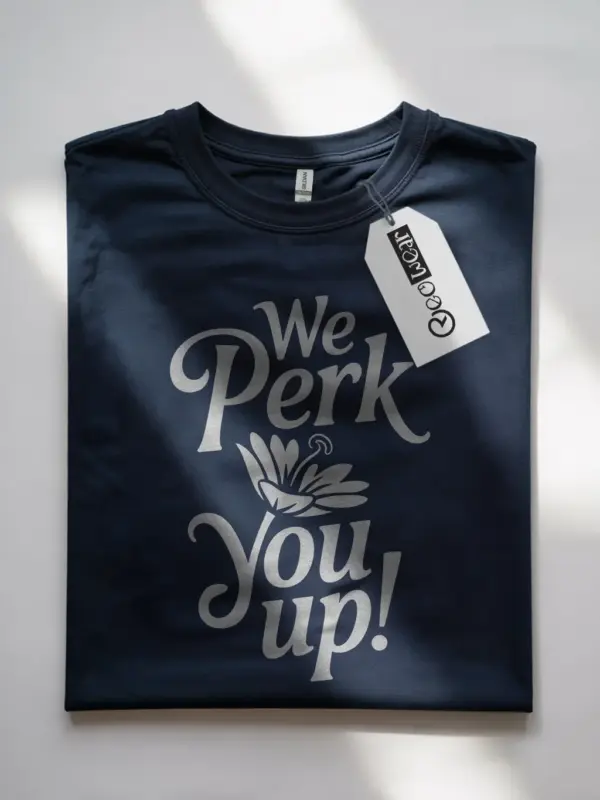 Navy Shirt "We PERK You Up!" perk up coffee t-shirt front view