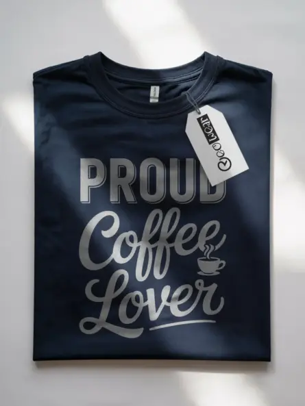 Navy shirt with script coffee quote – proud coffee lover t-shirt