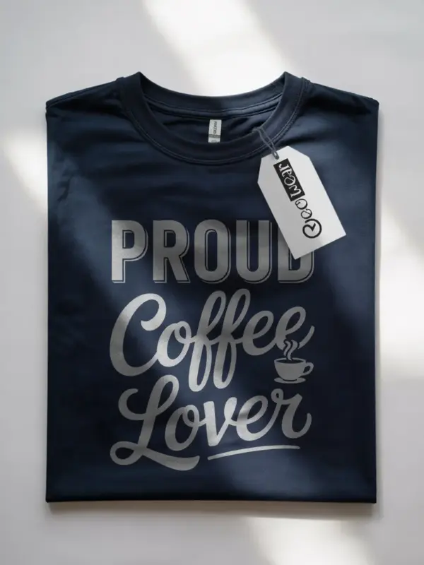 Navy shirt with script coffee quote – proud coffee lover t-shirt