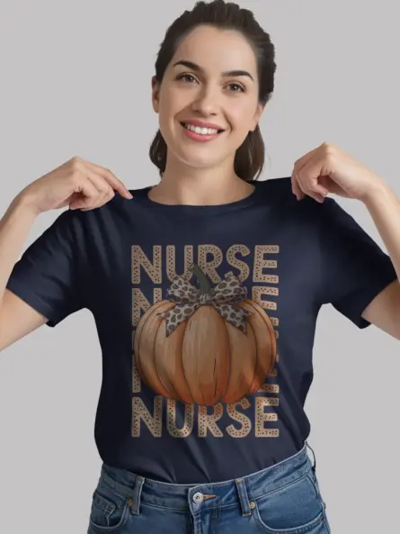 Pumpkin Nurse Shirt – Trendy Fall Tee with Leopard Bow Design - Image 8