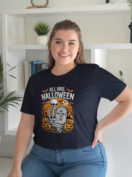 Navy Shirt – All Hail Halloween – gothic skeleton Halloween t-shirt