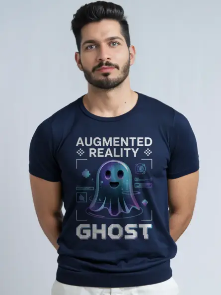 navy Augmented Reality Ghost T-Shirt with holographic ghost