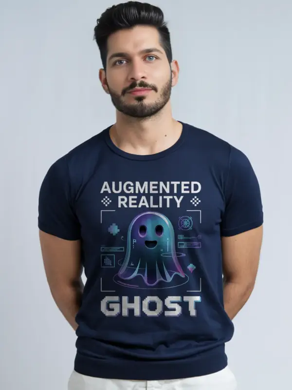 navy Augmented Reality Ghost T-Shirt with holographic ghost
