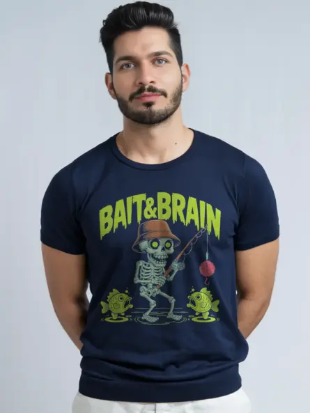 Navy creepy cute skeleton fishing t-shirt with glowing fish