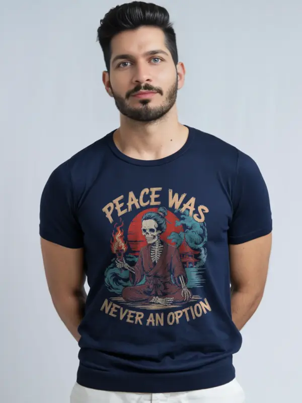 Navy samurai skeleton t-shirt with meditative skeleton