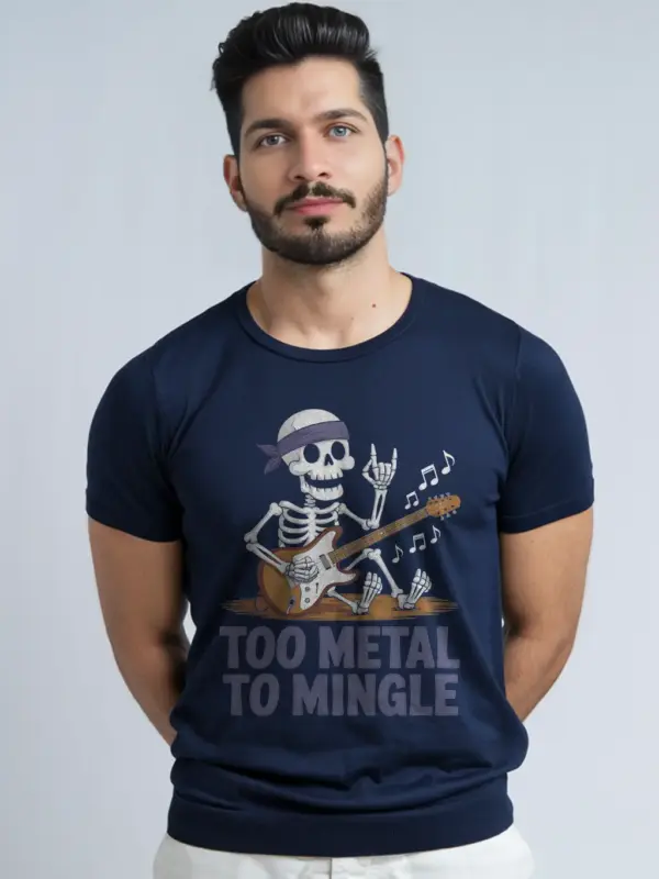 Navy metalhead skeleton guitar shirt with bold art