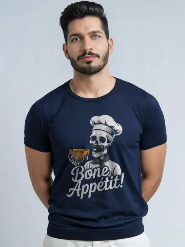 Lifestyle view Navy gothic chef pizza tee with foodie humor