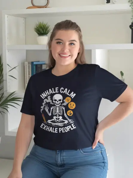 navy shirt– inhale calm exhale quote tee – skeleton meditation t-shirt