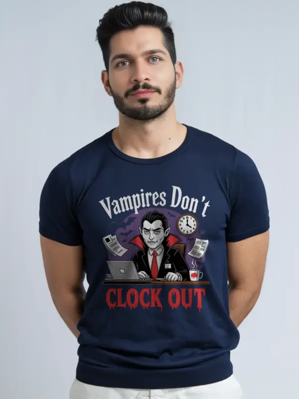 Navy Vampires Don’t Clock Out T-Shirt – in Office Setting