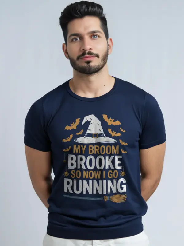 navy shirt – Halloween jogger shirt with witch hat – my broom broke so now I go running shirt
