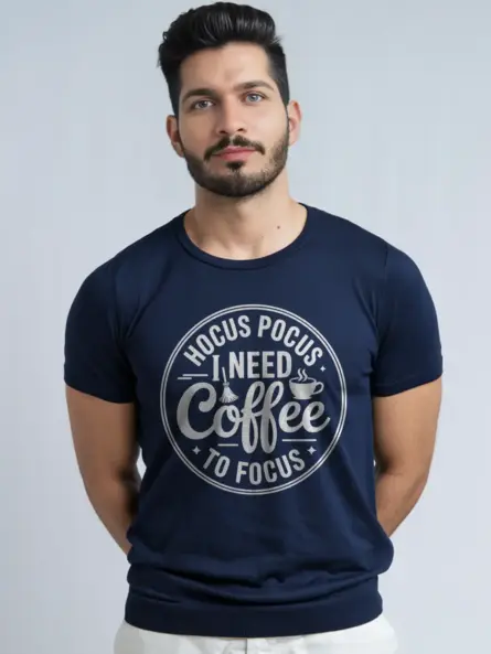 Navy hocus pocus coffee t-shirt quote view with bold text