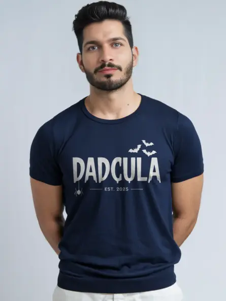 Navy horror font dad shirt with bats and spider graphic