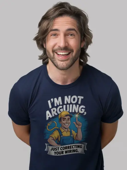 Navy shirt front “Just Correcting Your Wiring” funny electrician t-shirt for men