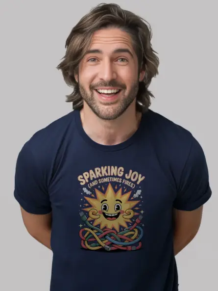 Funny Tech Dad T-Shirt – Sparking Joy (And Sometimes Fires) Cartoon Electrical Humor Tee - Image 8