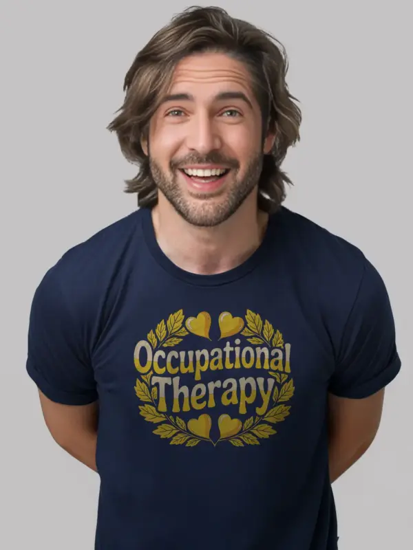 Navy shirt front view – minimalist OT wreath design – occupational therapy student shirt