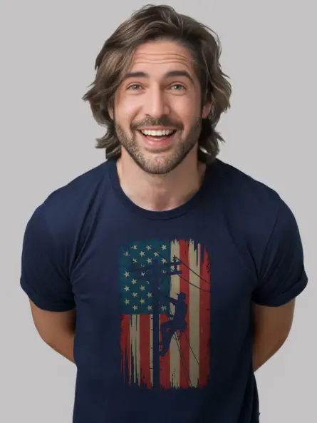 Patriotic Lineman T-Shirt – Vintage Flag Graphic - Image 4