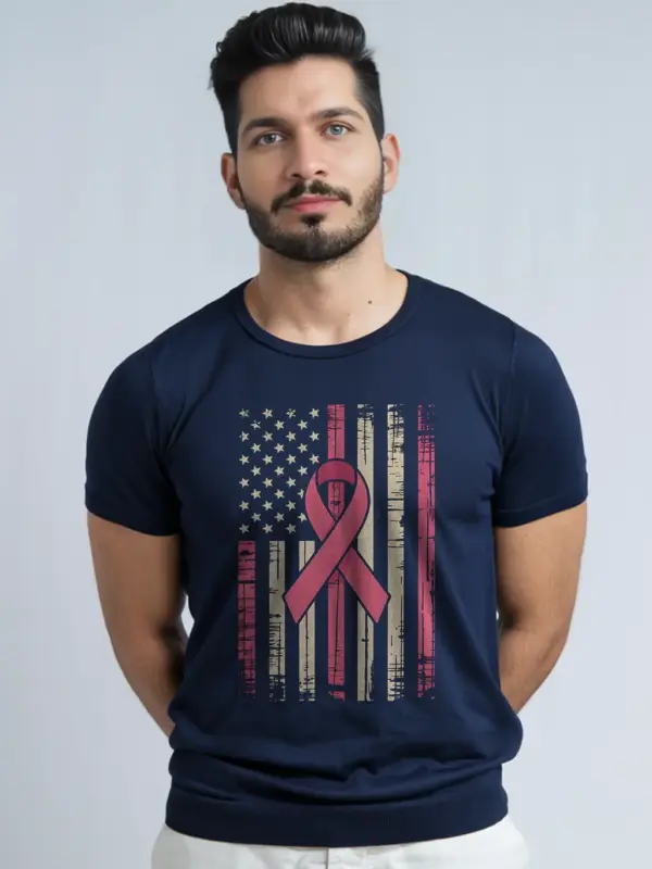 Navy front – Pink Ribbon American Flag Shirt with breast cancer ribbon