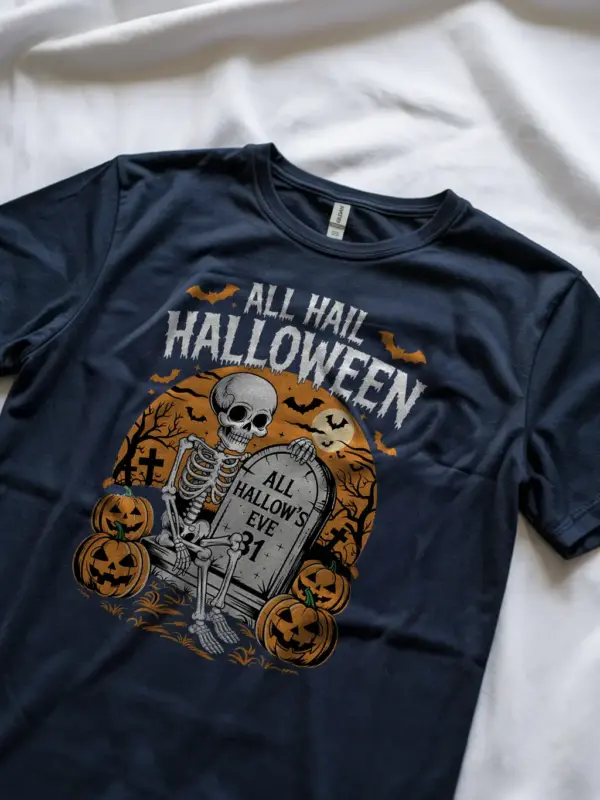 Navy Shirt Lifestyle Shot – All Hail Halloween – gothic skeleton Halloween t-shirt