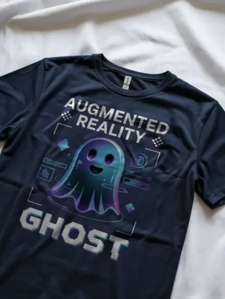 Lifestyle shot navy shirt Augmented Reality Ghost T-Shirt